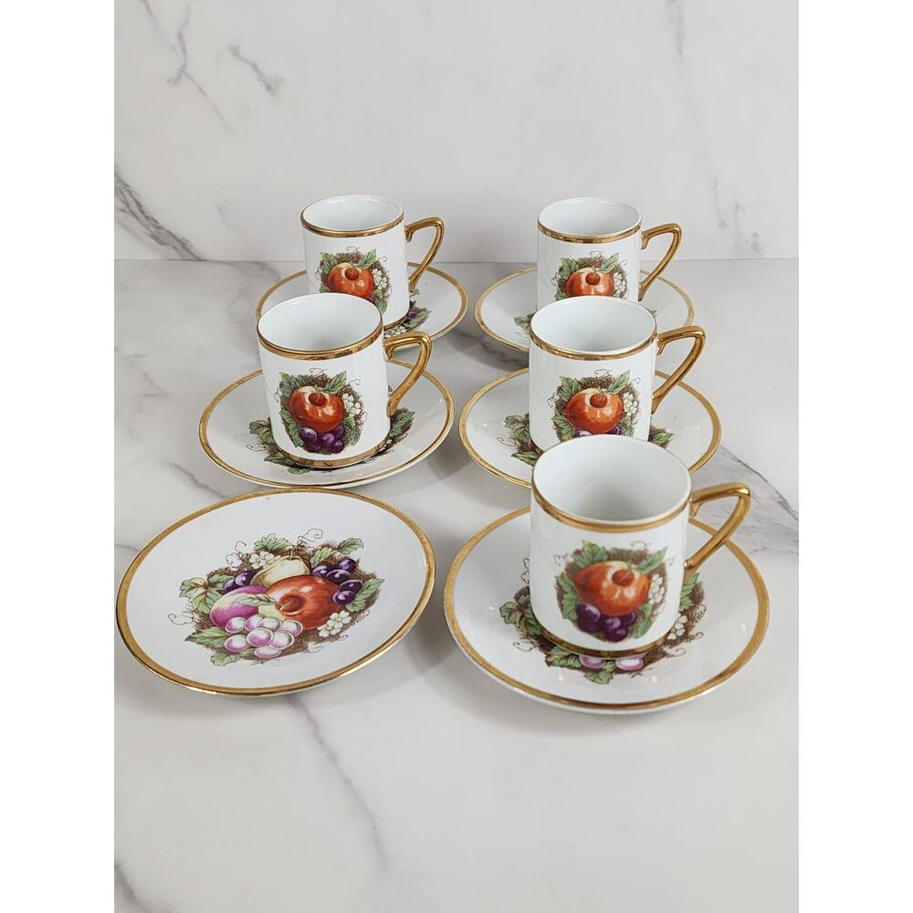 Andrea by Sadek Teacup & Saucers Fruit Design Porcelain Gold Trim Japan x11 Vtg